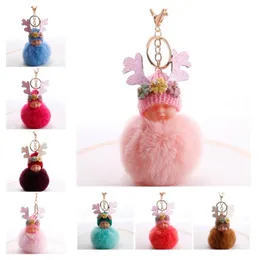 5pcs/Lot New Sleeping Doll Hair Ball Keychain Bright Pink Antlers Flower Rhinestone Ball Hanging Cute Cartoon Flower Key Chain ring