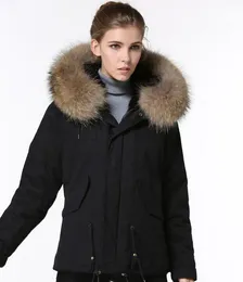 2019 Fashion brown raccoon fur trim Meifeng brand women snow coat black fur lined black mini parka