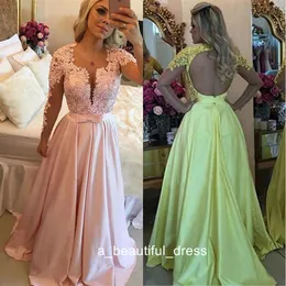 Beaded Lace Pink Prom Dresses Long Sleeve Evening Gowns Open Back Cocktail Party Ball Dress Celebrity Formal Gown ED1324