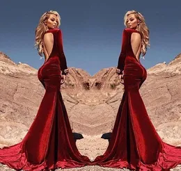 Sexy Open Back Saudyjska Arabska Burgundia Mermaid Aksamitna Suknie Wieczorowe 2018 Długie Rękawy Formalne Party Prom Suknie Specjalne okazje Suknie Vestios