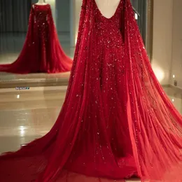 2019 Arabic Aso Ebi Red Luxurious Prom Dresses Beaded Crystals Long Sleeves Evening Gowns A Line Tulle Formal Party Pageant Dress
