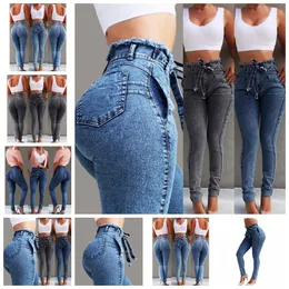 Jeans solid color bow slim stretch tassel belt high waist women support mixed batch