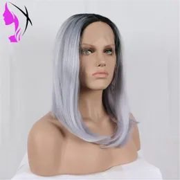 Ombre Sliver Grey Brasilan Rak Glueless Bob Short 13x4 Lace Front Syntetisk Parys Pre Plocked För Black Woman Cosplay Party Wig