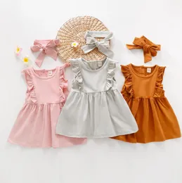 Maluch Dziewczyna Ubrania Solidne Dziewczyny Sukienki Pałąk 2 sztuk Zestaw Ruffle Sleeve Dzieci Dress Cotton Princess Sukienki Boutique Dzieci Odzież D5474