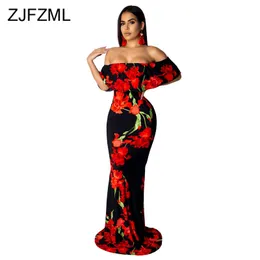 Floral Print Sexy Mermaid Long Dress Women Slash Neck Ruffles Sleeve Bandage Beach Dress Summer Off Shoulder Backless Boho Dress LY191116