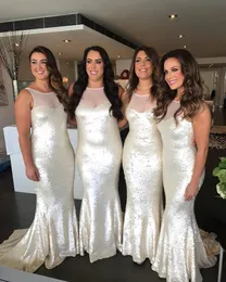 Sequined Bridesmaid Dresses Jewel Neck Sweep Train Ärmlös Plus Size Mermaid Maid of Honor Dress Billiga Prom Crows