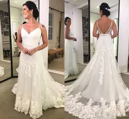 Sexy Charming New A Line Wedding Dresses Spaghetti Straps Backless Sleeveless Formal Floor Length Lace Bridal Gowns Custom Made Cheap