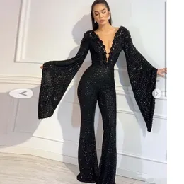 Black Jumpsuit Evening Dresses Sheer V Neck Flare Long Sleeve Sequined Outfit for Women's Prom Gown Customized Celebrity Dress