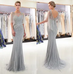 Sheer Scoop Neck Tulle Major Beaded Mermaid Long Evening Dresses 2019 Stones Floor Length Formal Party Prom Dresses Real Image CPS1175
