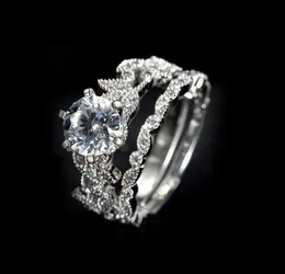 Fashion-Lady's 925 Sterling Silver Flower Simulated Diamond CZ Paved Stone 2 Statement Bröllop Band Ring Ställer smycken för kvinnor