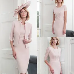 Elegante abito rosa per la madre della sposa con giacca taglie forti in pizzo maniche corte abito da cerimonia nuziale abiti da sera al ginocchio