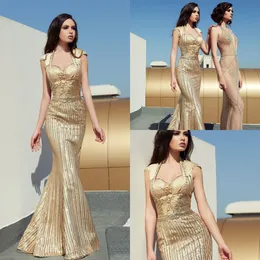 Tony Chaaya 2019 Mermaid Prom Dresses Gold Lace Hafty Cap Rękawy Suknia wieczorowa z kurtką Cekiny Custom Made Formal Party Dress