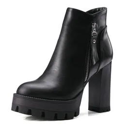 Hot Sale-Grå 2017 Runda Toe PU Läder Western Style Kvinnor Skor Square High Heel Ankel Boot Kvinnor Motorcykel Bootstorlek 34-42