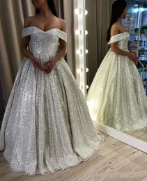 Bling sier gece elbiseleri 2024 A-line Sequed Off Omuz Kapağı Kollu Açık Seksi Balo Ucuz Pageant Özel Ocn Gowns 403