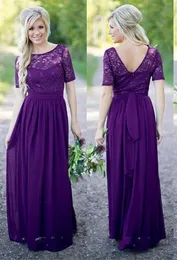 Country Style Purple Lace Bridesmaid Dresses Sexig backless Long Chiffon Cap Kort ärmar Beach Wedding Maid of Honor Prom Evening Hy282