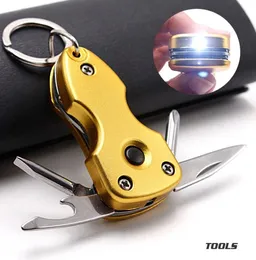 Outdoor foldable mini knife with led keyring torch 7 in 1 multifunction survival tool outdoor hiking folded screwdriver bottle opener tools