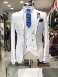 여름 잘 생긴 흰색 격자 무늬 신랑웨어 피크 라펠 슬림 핏 웨딩 턱시도 남성 디자이너 바지 정장 재킷 조끼 바지 267y