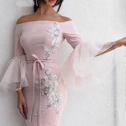 Elegancka Robe Longue Różowa Syrenka Suknie Wieczorowe Długa Arabska Aplikacja Zroszona Suknia Wieczorowa Robe De Soiree