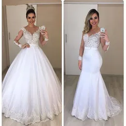 2020 Ny Vestido de Novia Lace 2 i 1 sjöjungfru bröllopsklänningar Sheer Long Sleeves Avtagbar Tåg Puffy Tulle Appliques Brudklänningar