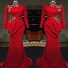 Vermelho árabe pescoço alta sereia vestidos de noite longa 2019 mangas compridas cetim cetim ruched lace applique festa formal vestidos de baile muçulmanos