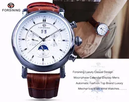 Forsining Fashion watch Tourbillion Design White Dial Moon Phase Calendar Display Mens Watches Top Brand Luxury Automatic Watch Cl227l