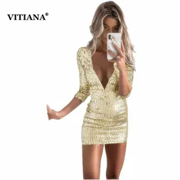 Vitiana Kobiety Krótkie Sexy Party Cekiny Sukienka Kobieta 2018 Lato Głębokie V Neck Solid Gold Black Club Wear Bodycon Mini Sukienki Sprzedaż