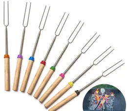 BBQ Forks Camping Campfire Stainless Steel Campground Lunch Tools Wooden Handle Telescoping Barbecue Roasting Fork Sticks Skewers..