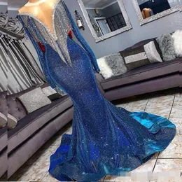 Blau lange bescheidene Ärmel Abendkleider Pailletten stürzen V Hals Kristall Perlen Leiden MADE MADE MACHE MACHEN PROM Party Ballkleid