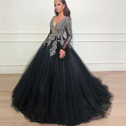 2020 Vintage Czarny Kryształ Suknie Wieczorowe Pełne Rękawy Sparkle Beaded Tutu Suknie Balowe Głębokie Dekolt Długa Suknie Wieczorowe Abendkleid