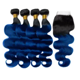 1B azul Ombre indiano onduladas cabelo humano Pacotes Weave com fecho Black Roots escuras Ombre cabelo tramas Extensões azuis com Encerramento 4x4 Lace