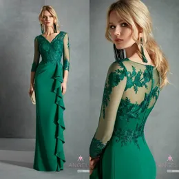 Yeşil Gelin Elbiseler V Boyun Aplike 3/4 Uzun Kollu Düğün Misafir Kıyafeti Fırfır Kat Uzunluk Custom Made Anne Elbisesi