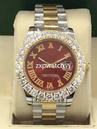 Pong Set Diamond Watch Luksusowy Diamond Diamond Men Watch Automatyczne 43mm Srebrny Złoty Złoty Dwie Tone Red Face 316 Ze Stali Nierdzewnej Zegarek