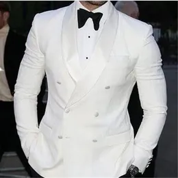 Dwa kawałki Biały Wieczór Party Garnitury 2019 Szal Lapel Double Breasted Trim Fit Custom Made Wedding Tuxedos (Kurtka + Spodnie + Łuk)