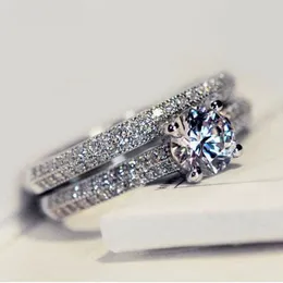 Female Crystal Bridal Ring Set Fashion Silver Color Wedding Band Jewelry Promise Love Engagement Rings For Women