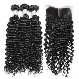 Brazilian Curly Virgin Human Hair Weaves 3 Bundles with Top Lace Closure 8A Brazillian Deep Jerry Curly Remy Hair Extensions Natural Color