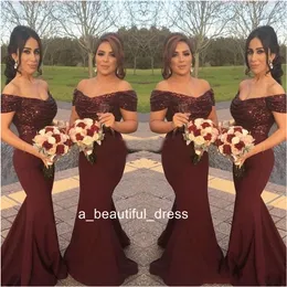 Burgundy Bridesmaid Dresses Mermaid Sequins Top Elastic Satin Kjol Av Axel Bröllopsfest Main of Honor Dresses