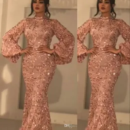 Lüks Kadınlar Giyim Mermaid Yüksek Boyun Rose Gold Pullarda Şair Kollu Artı boyutu Örgün Hüsniye Moda Parti Elbise için Seksi Bling Abiye