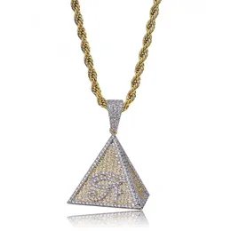 Mens Women Necklace Gold Plated Full CZ Pyramid Pendant Necklace with 24inch Rope Chain for Men Hot Gift