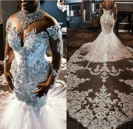 Afrikanische Meerjungfrau-Hochzeitskleider in Übergröße, transparent, mit Juwelenausschnitt, Illusion, lange Ärmel, luxuriöse Steine, Spitzenapplikationen, Brautkleid, Kathedralenschleppe