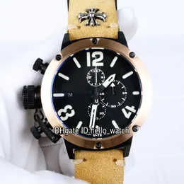 Yeni Sol Handed U-72 U72 50mm Siyah Kadran Kuvars Chronograph Mens Watch Strapwatch Gül Altın Iki Ton Siyah Durumda Kahverengi Deri Kayış Saatler