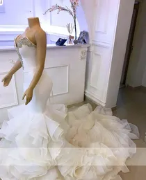 Arabic Mermaid Wedding Dresses Sweetheart Crystals Organza Ruffles Bridal Gowns Long Robe De Mariee Lace Up Back