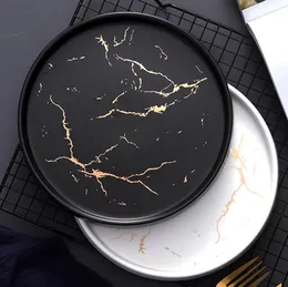 20cmの食器ゴールドマーブルセラミック皿磁器カトラリーセットキッチンテーブルヨーロッパの装飾デザートステーキプレート