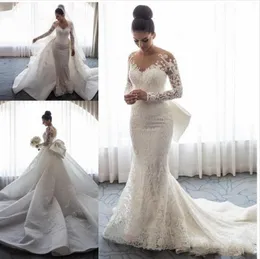 2019 Luxury Mermaid Wedding Dresses Sheer Neck Long Sleeves Illusion Full Lace Applique Bow Overskirts Button Back Chapel Train Br2327