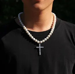 Jesus Cross Pendant with 8mm 10mm Pearl Bean Chain Necklace 16inch 18inch 20inch Pearl Necklace Jewelry