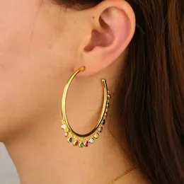 Orecchino a cerchio in oro giallo 45MM con cerchio colorato arcobaleno CZ rotondo per donne Splendide donne orecchini di fascino moda donna 2019