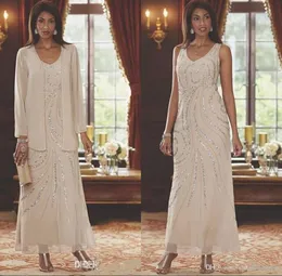 Elegante Chiffon-Mutterkleider mit V-Ausschnitt, zweiteilig, perlenbesetzt, knöchellange Hochzeitsgästekleider für die Brautmutter mit langärmliger Jacke