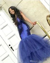 Royal Blue V Neck Sequins Mermaid Prom Dresses Long Tulle Layered Sweep Train Formal Party Evening Wear Gowns Custom Made ogstuff Custom