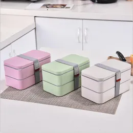 Lunch Box Case Wheat Straw Bento Boxes Microwave Food Storage Container Healthy Work Bento Box With Lid Fruit Tableware 2 Layer 1200ml D6897