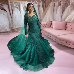 Brilliant Dark Green Muslim Mermaid Dresses Off The Shoulder Long Sleeve Beaded Wedding Gowns Sweep Train Tulle Abiti Da Sposa 326 326