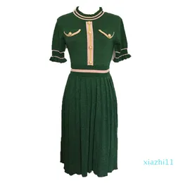 moda-608 2019 Ücretsiz Kargo Marka Same Tarzı Elbise Flora Baskı Yeşil Ekip Yaka Kısa Kollu Üstü Diz İmparatorluğu Moda Gelinlik Modelleri Renjie